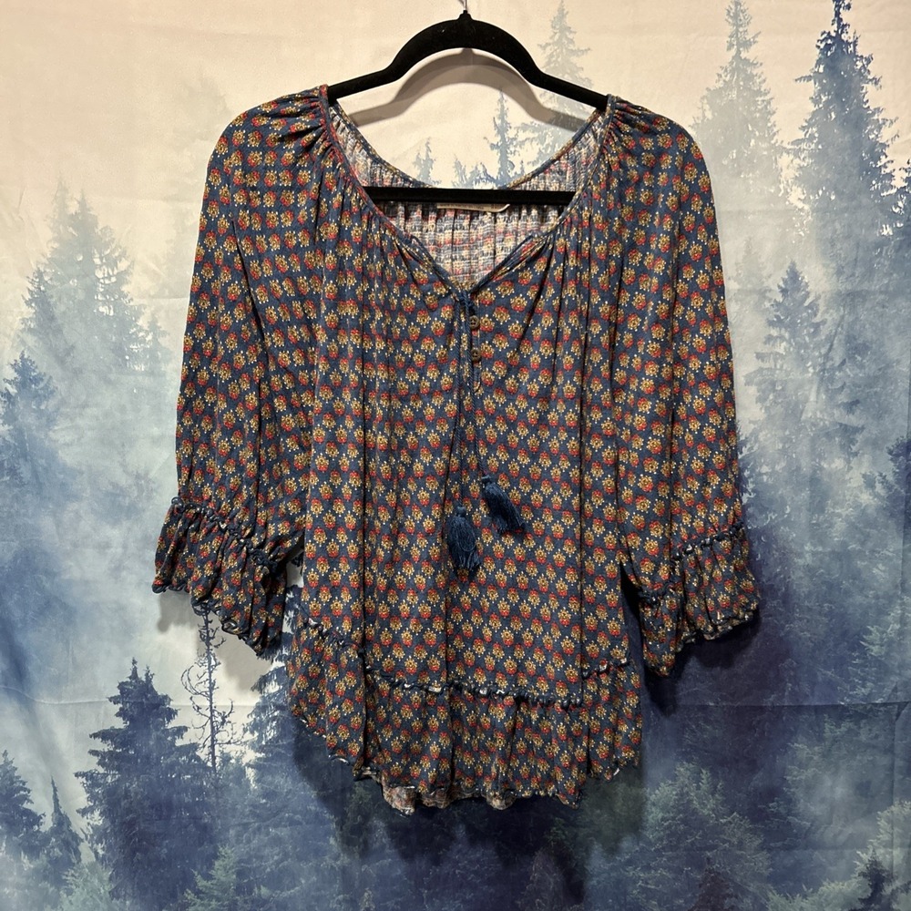 Y2K Faded Glory Womens Blue 3/4 Sleeve Boho Ruffle Top/Shirt Sz Large